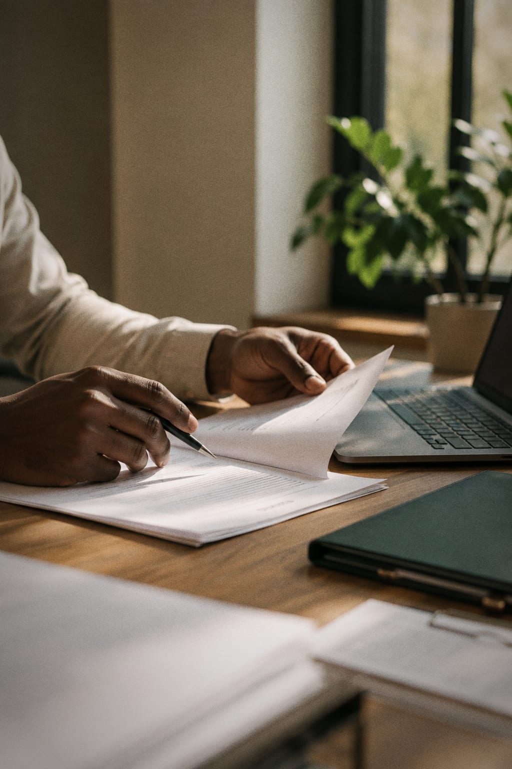 Documentación y portátil sobre una mesa de trabajo, con luz natural cálida